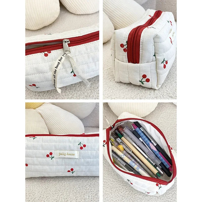 Quilted Cotton Ladies Travel Storage Bag Retro Cherry Women's Cosmetic Bags Cute Design Girls Pencil Case Makeup Bag Handbags